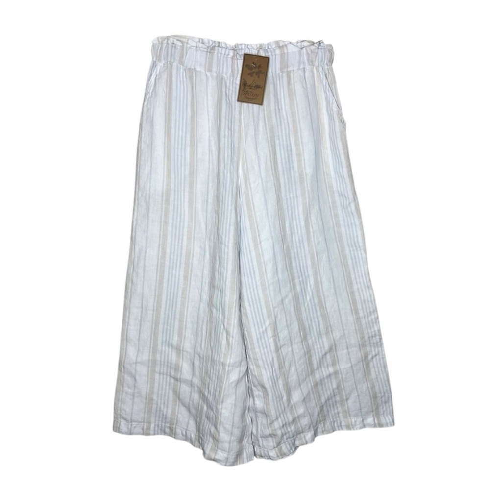 Match Point 100% Linen Crop Wide Leg Pants White Beige Striped Pull On Pockets M